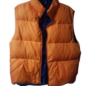LL Bean Reversible Puffer Vest Mens Medium Orange Blue Goose Down Outdoor OVC66